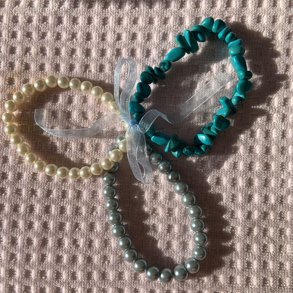 Set of 3 Grey Faux Pearl, White Faux Pearl & Turquoise Nugget Bracelets